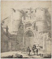 Q+ 024
<br/>
Een vrouw en een ruiter voor een stadspoort
<br/>
<em>Eeckhout, Gerbrand van den (1621-1674) - toegeschreven aan</em>